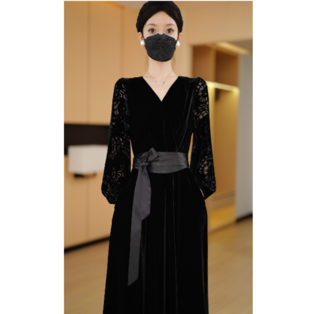 长安若梦 名媛桑蚕丝优雅气质高贵秋季复古长袖收腰显瘦连衣裙