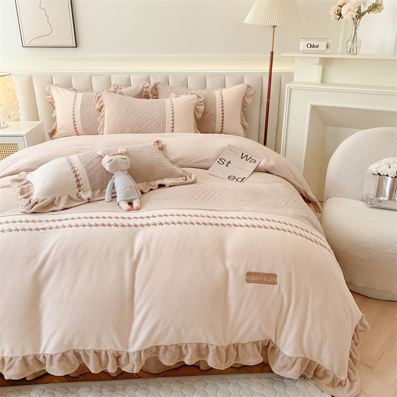 公主风牛奶绒被套四件套加厚双面绒床单珊瑚绒加绒被罩水晶绒被单