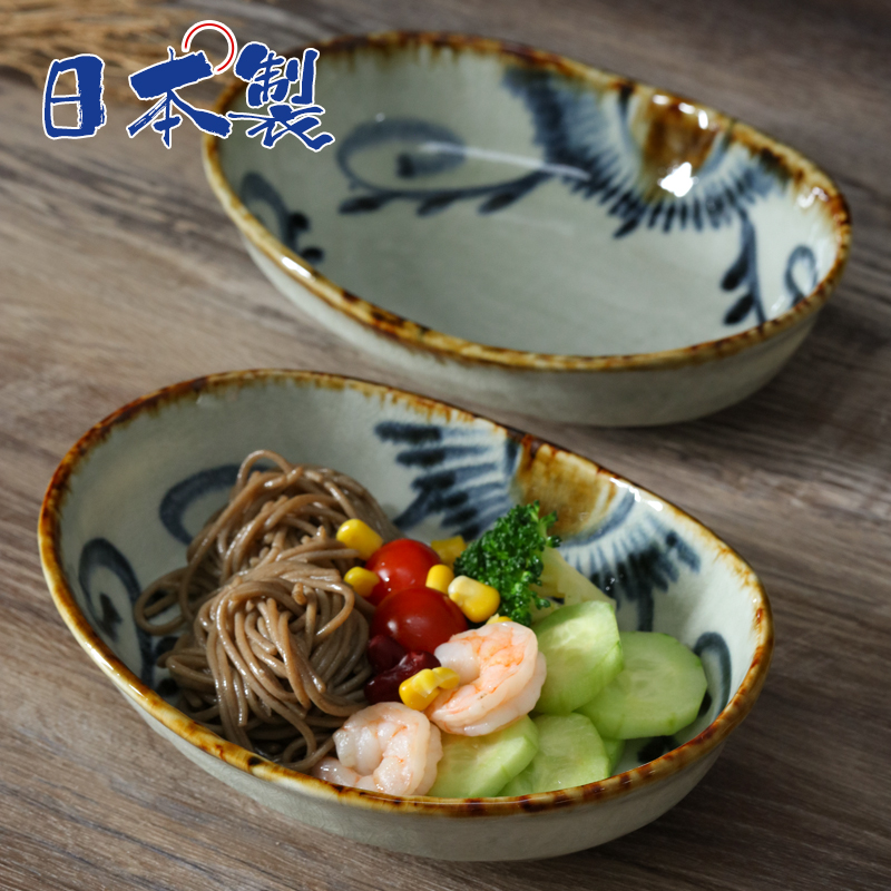 日本进口美浓烧陶瓷手绘唐草椭圆钵21cm×15.5cm釉下彩餐具