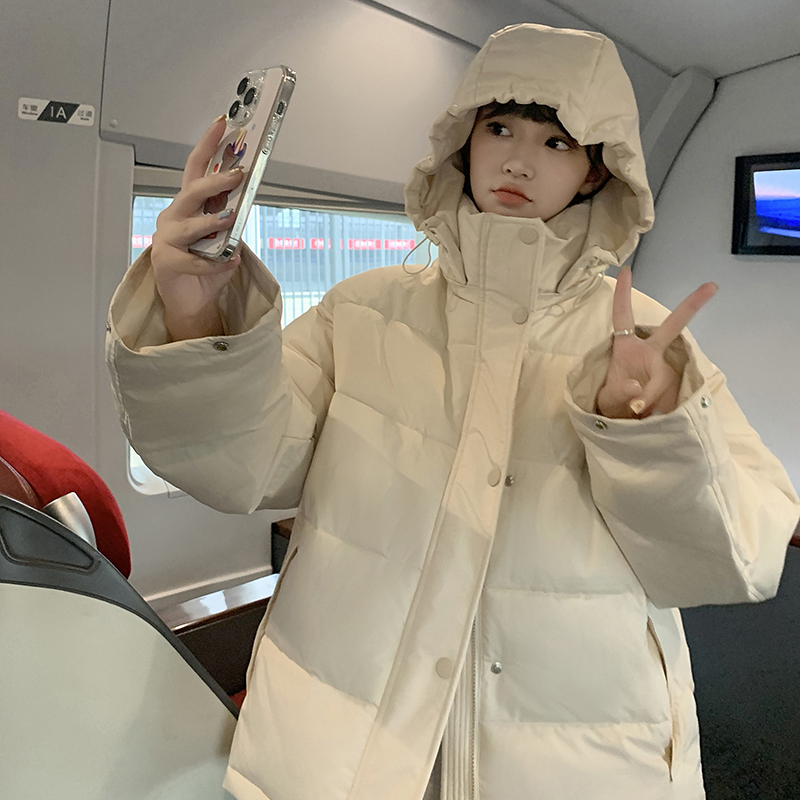 短款立领连帽棉服女2023冬新款小个子宽松加厚学院风保暖棉衣外套