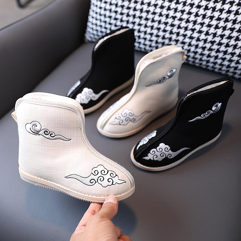 老北京布鞋男童汉服鞋古装小靴子古风儿童绣花鞋中国风短靴加绒冬