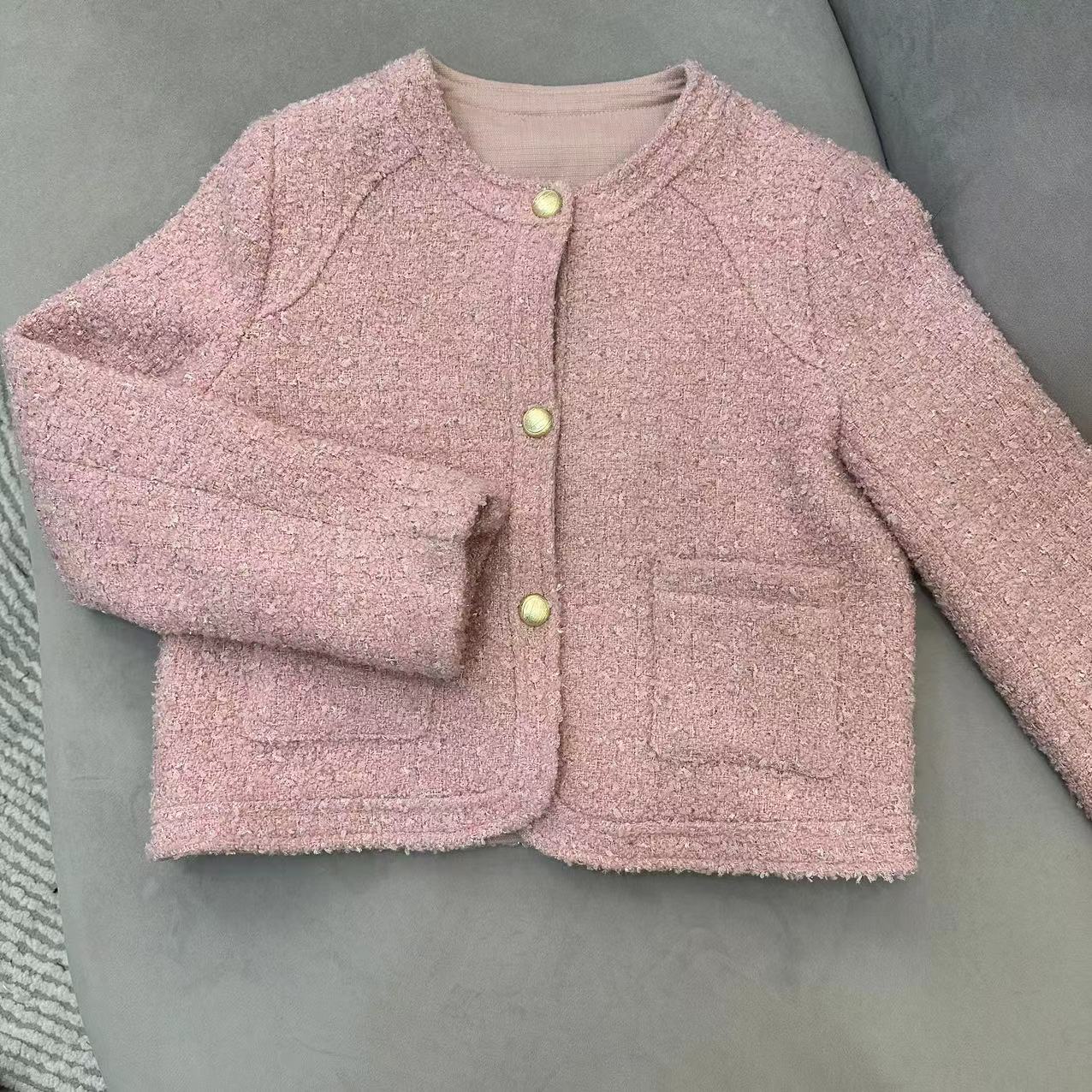 （叶子服饰）秋冬新款短款圆领金扣加棉小香风气质外套6065