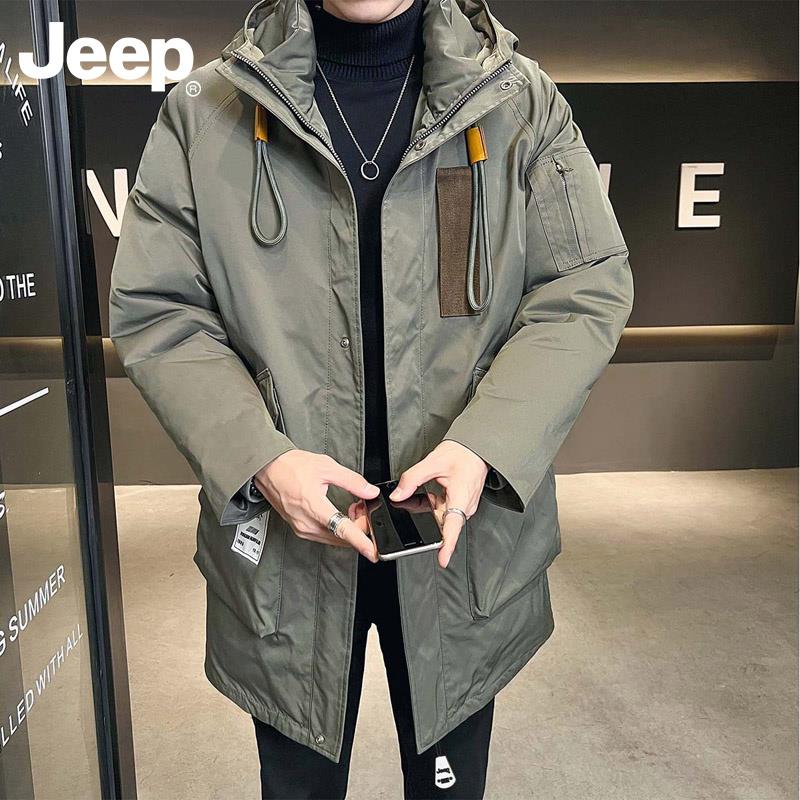 Jeep吉普冬季中长款保暖羽绒服男士潮流防寒连帽休闲工装大码外套