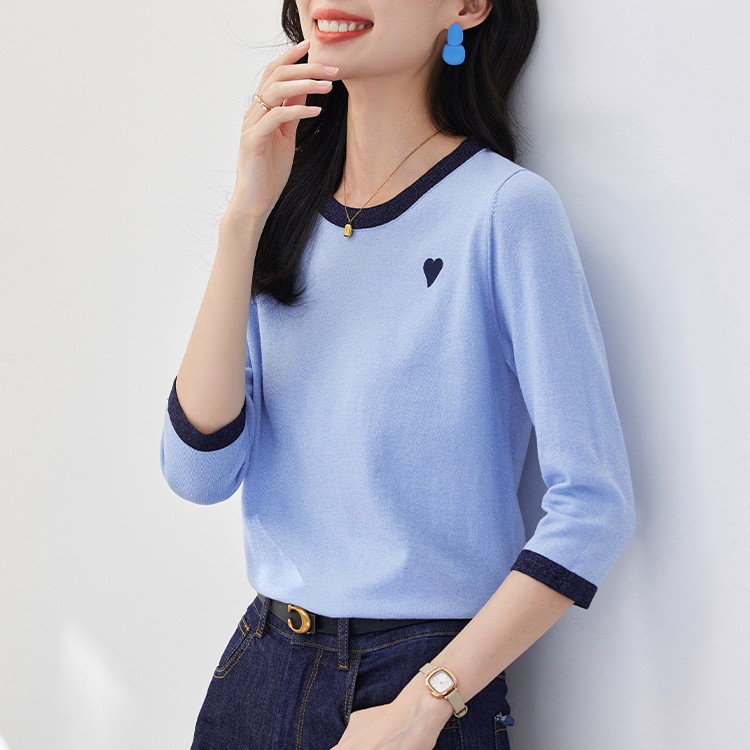 欧莎长袖针织衫爱心刺绣亮丝点缀七分袖针织衫女上衣S122C16017