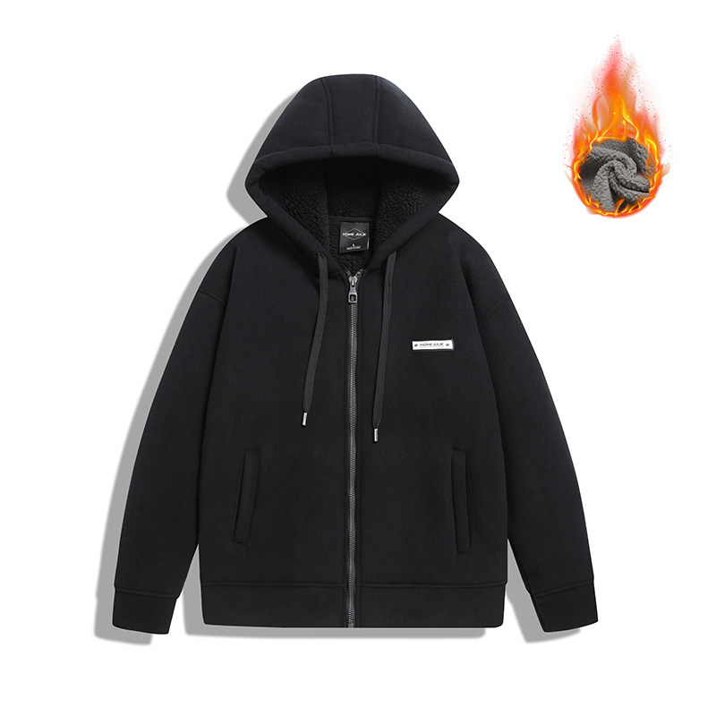 冬季情侣款高密加绒加厚休闲简约重磅保暖连帽开衫户外休闲外套男