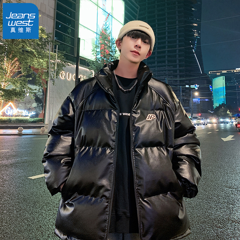 Jeanswest/真维斯港风ins加厚pu皮棉衣男女秋冬棉服宽松棉袄外套