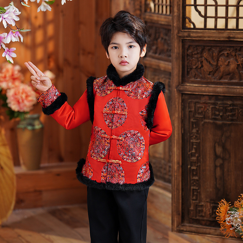 儿童洋气演出服男童汉服两件套中国风冬款2024新款唐装男宝宝套装
