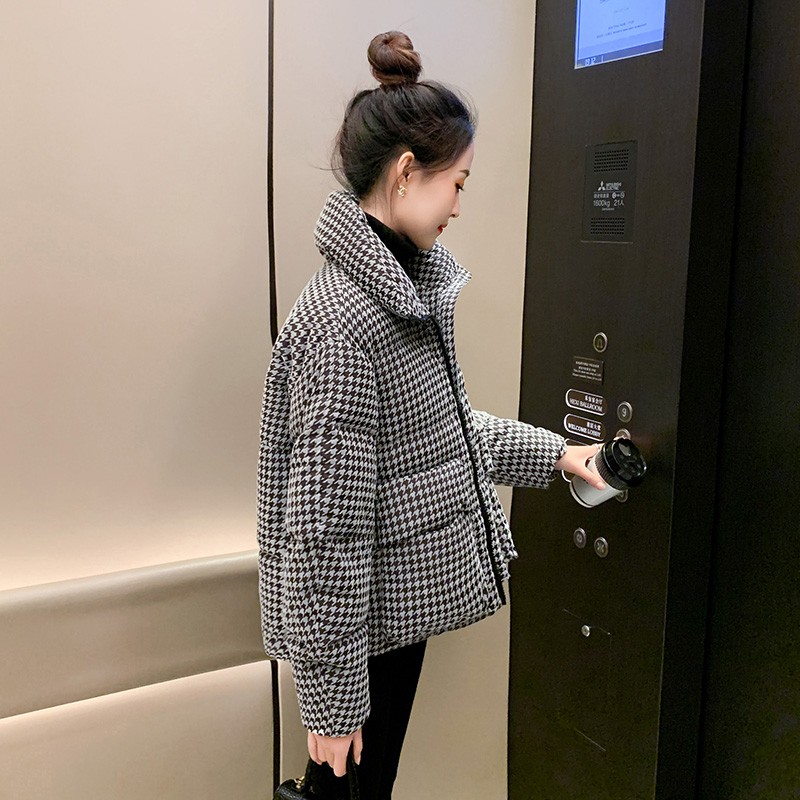 2023年新款女冬季千鸟格棉服女设计感小个子韩版加厚宽松棉衣外套