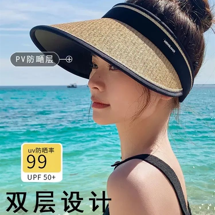 空顶uv防晒帽女夏防紫外线大帽檐沙滩遮阳帽骑车遮脸太阳帽子面罩