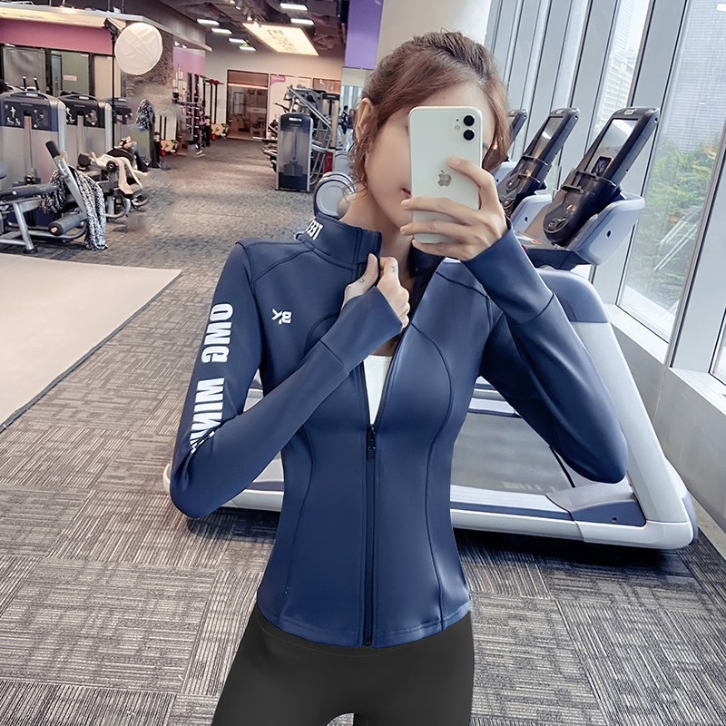 高弹力健身房运动上衣女长袖修身拉链开衫紧身跑步服瑜伽健身外套
