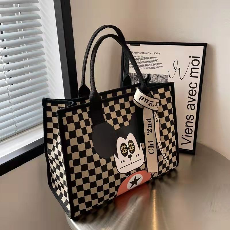 帆布包女大容量包包女2023新款时尚棋盘格子包单肩手提女包托特包