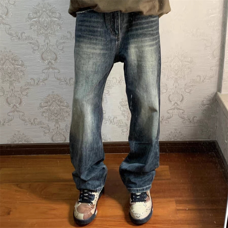 春秋季新款美式复古蓝水洗做旧宽松男女直筒oversize牛仔裤子