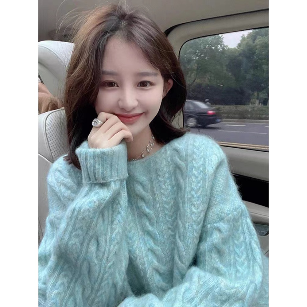 【爆款返场】白水女 软糯麻花毛衣女宽松慵懒风针织蓝色套头上衣