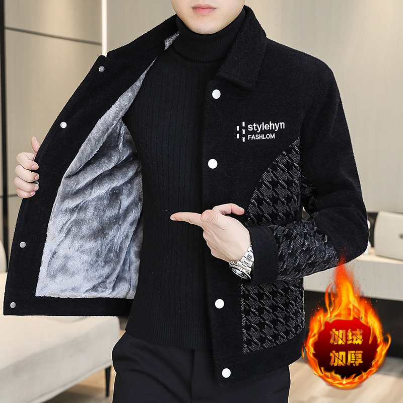 (185斤内)男士修身韩版帅气秋冬加绒加厚短款夹克潮时尚外套男装
