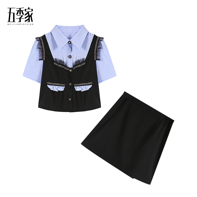橘子-夏日晚风  微胖女生穿搭春夏显瘦假两件上衣套装ZL28181短袖