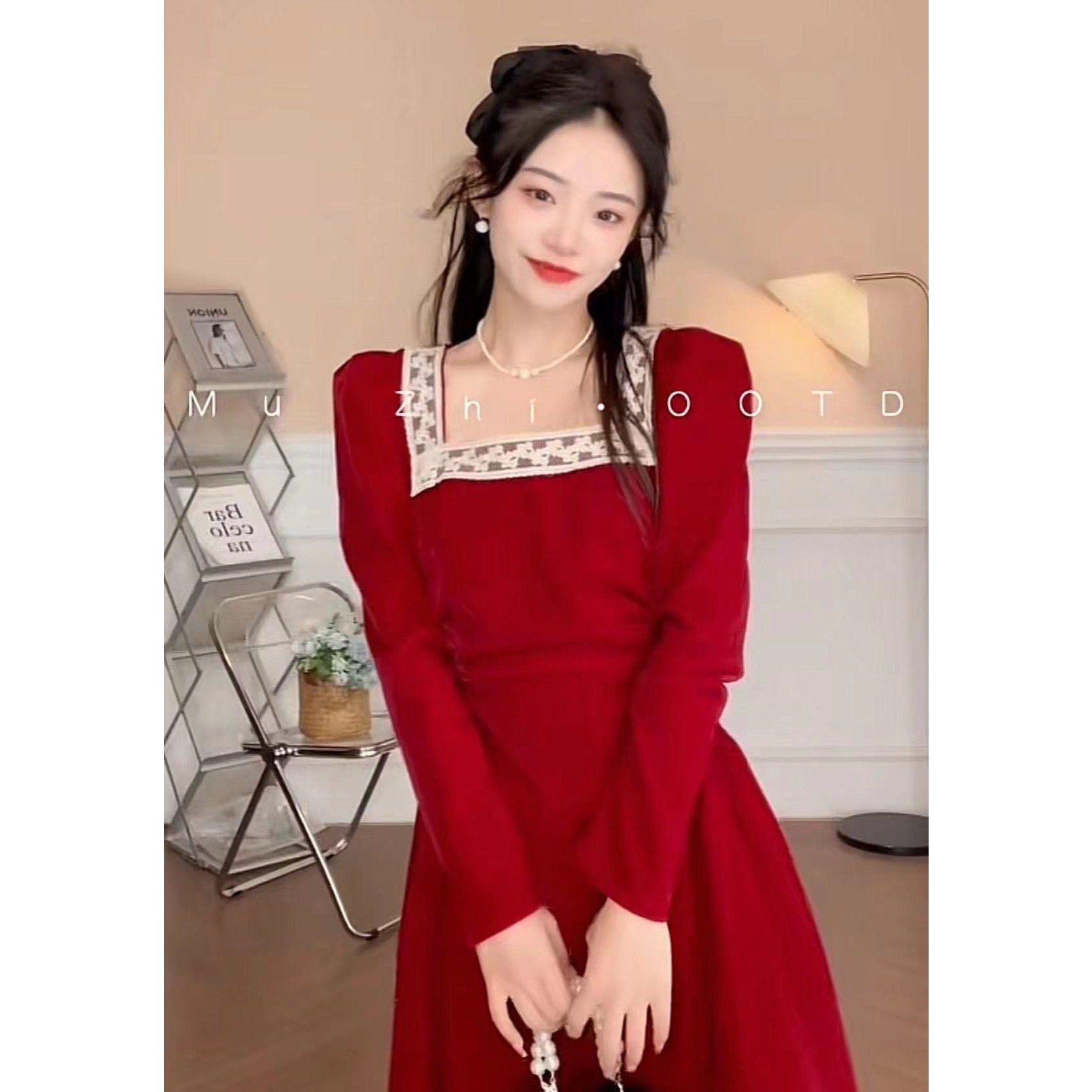 【落红 沐汁】法式赫本风高级感红色中长款丝绒礼服连衣裙女ZL37216