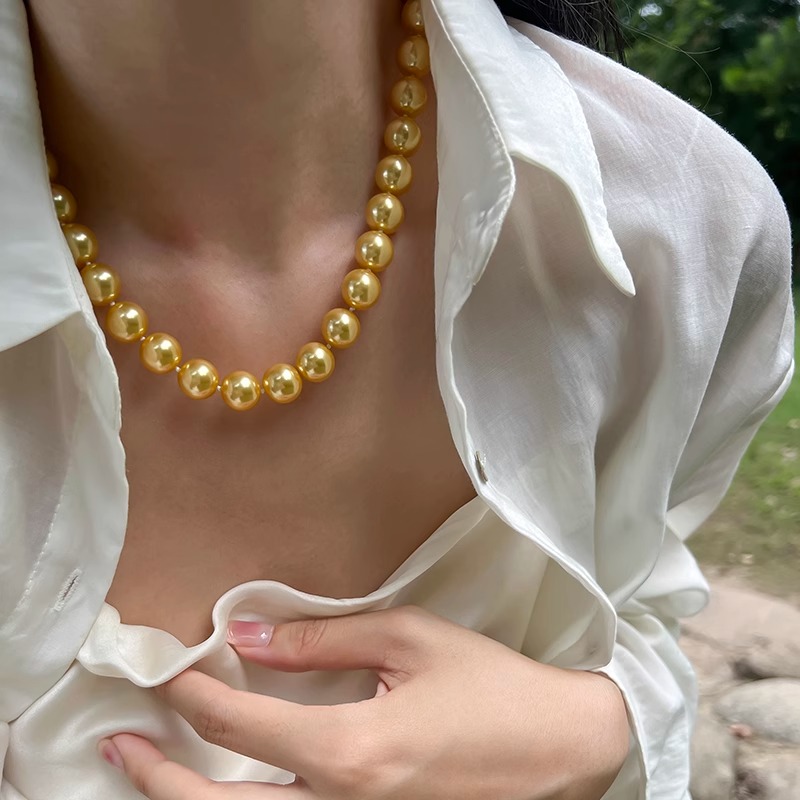 钛钢仿珍珠项链 浓郁茶金色珠珠法式打结项链小众设计轻奢毛衣链