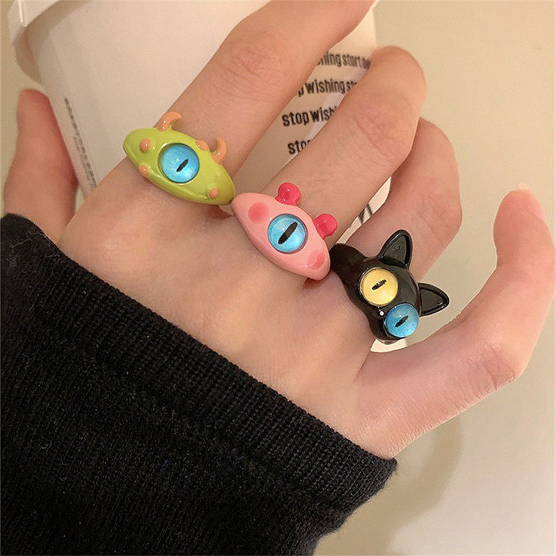 合金陶瓷戒指 搞怪独眼小怪兽猫咪开口戒指女彩色设计感卡通指环