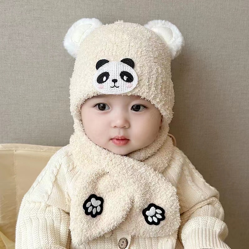 小熊猫婴儿毛绒帽秋冬季男女宝宝帽子围巾两件式套装儿童保暖护耳