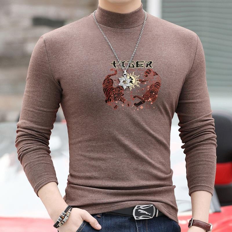 内搭打底衫男t恤休闲时尚印花长袖冬半高领大码修身百搭帅气上衣j