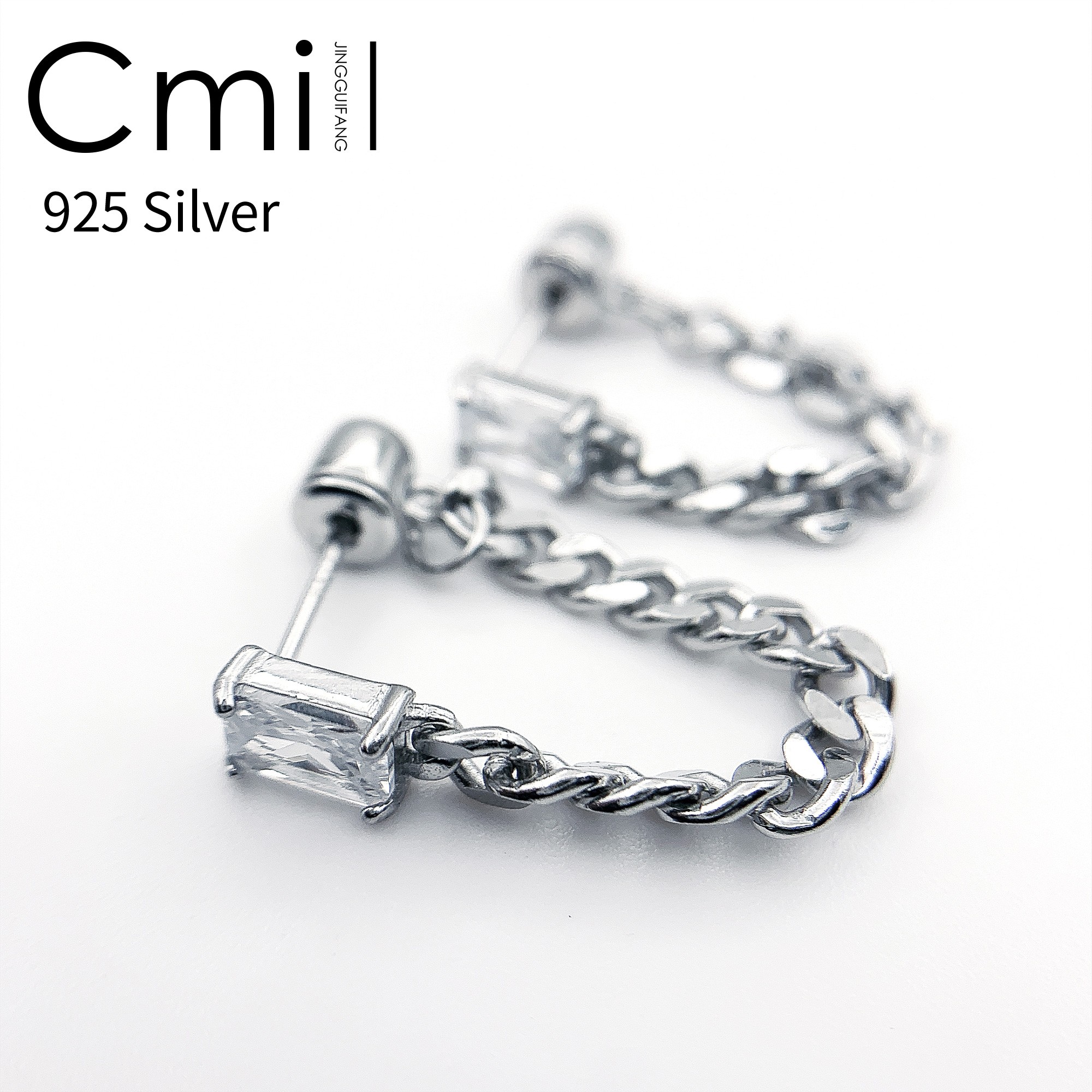Cmill/晶贵坊 925银合成锆石耳饰 【耳饰】方形白锆后挂环E17514