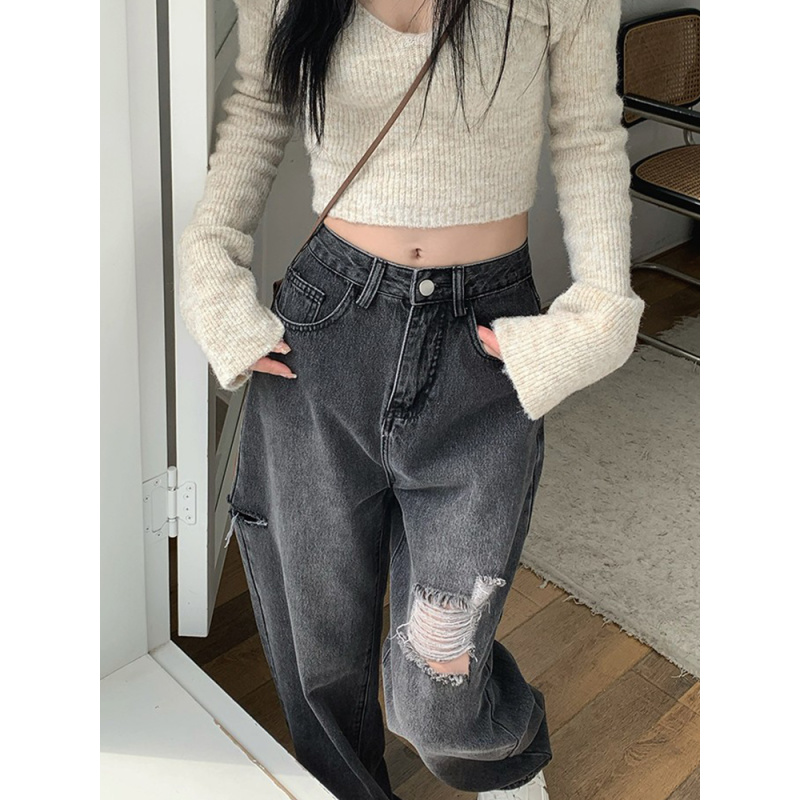 烟灰色破洞牛仔裤女高腰直筒春秋新款大码胖mm宽松显瘦阔腿裤子潮