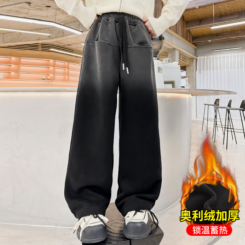 女童加绒裤子秋冬款女大童休闲裤儿童拖地长裤胖女孩一体绒阔腿裤