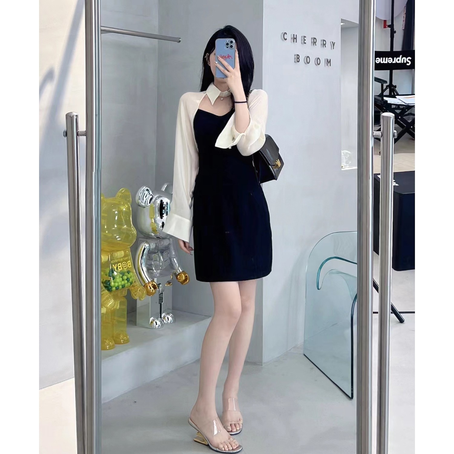 FORNI【暗夜玫瑰】夏季长袖气质设计感露背拼接裙