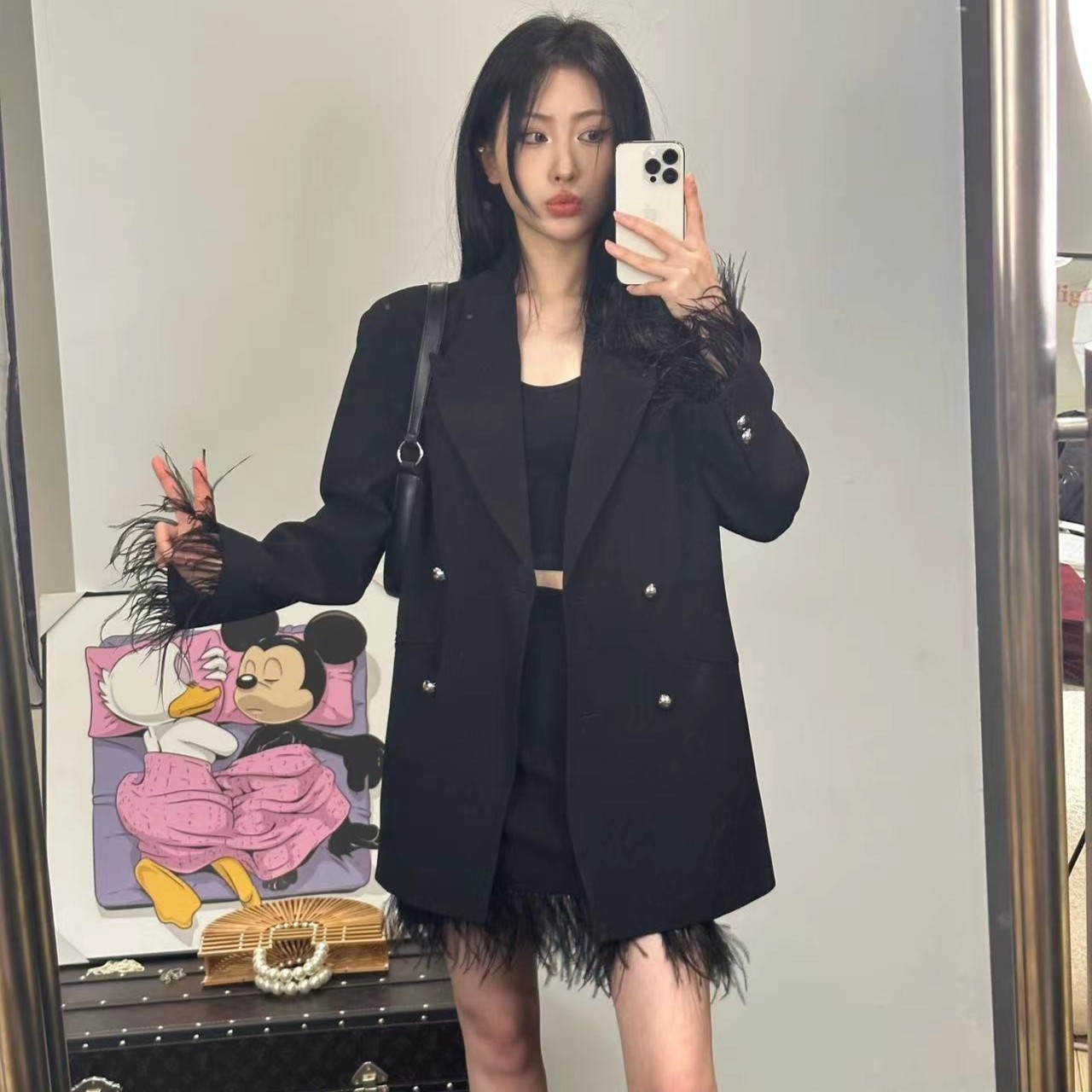 FORNI【时尚感】毛须袖西装网红休闲西服女士韩版秋冬气质黑色