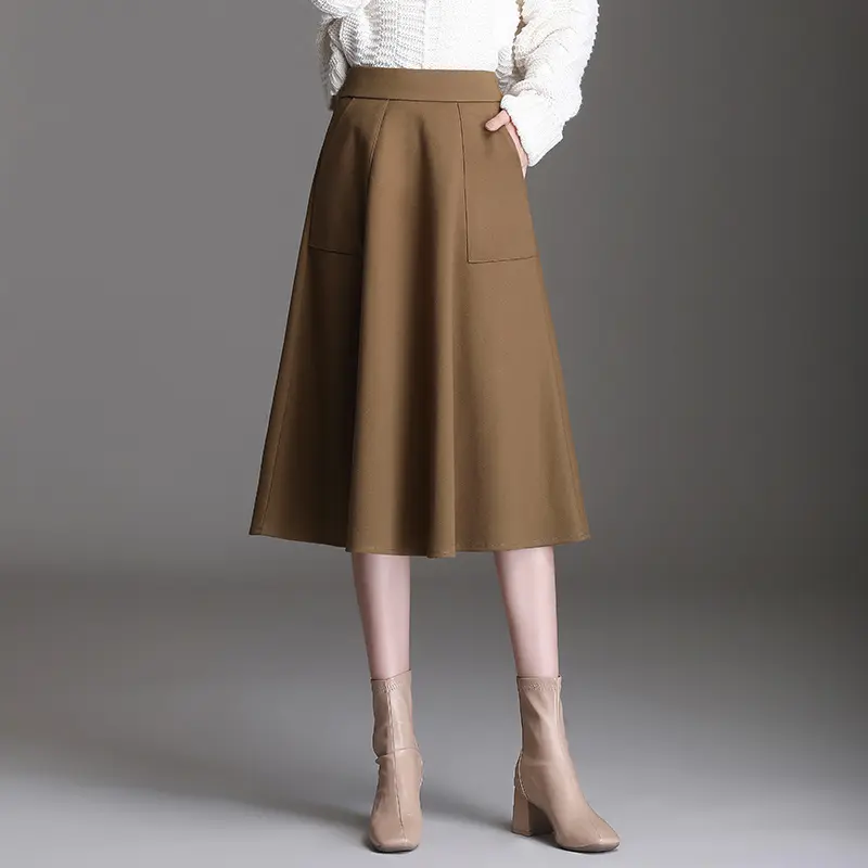 驼色毛呢半身裙女2023年秋冬时尚简约高腰大摆显瘦中长款A字裙厚