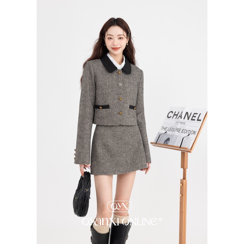 【欧阳喜OYANXI】甜洛摩卡秋季复古花灰长袖通勤宽松遮肉时尚套装