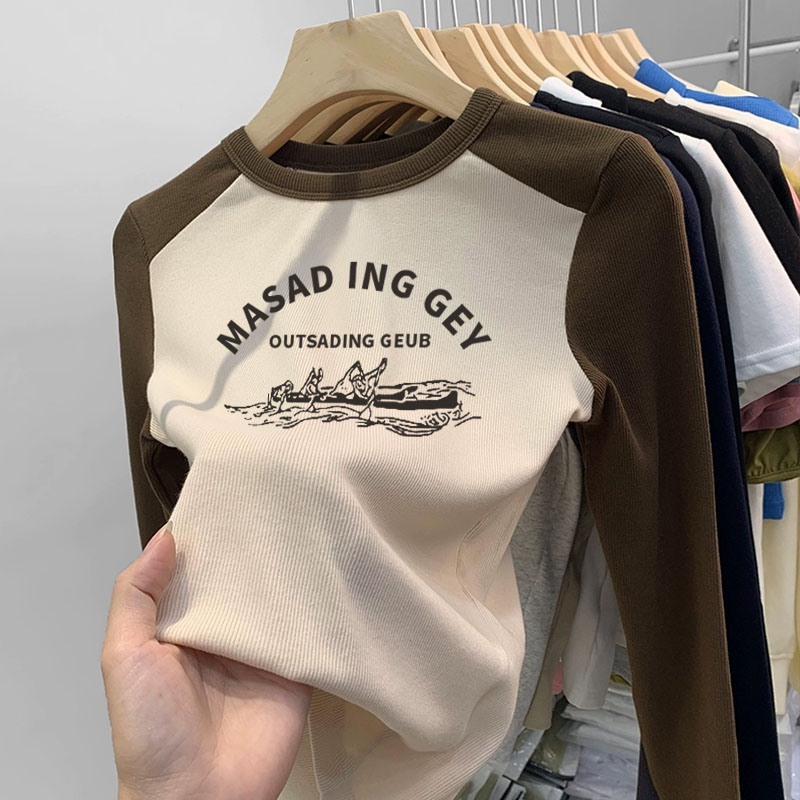 秋冬新款正肩韩版长袖t恤女加厚打底衫拼色插肩印花圆领保暖上衣