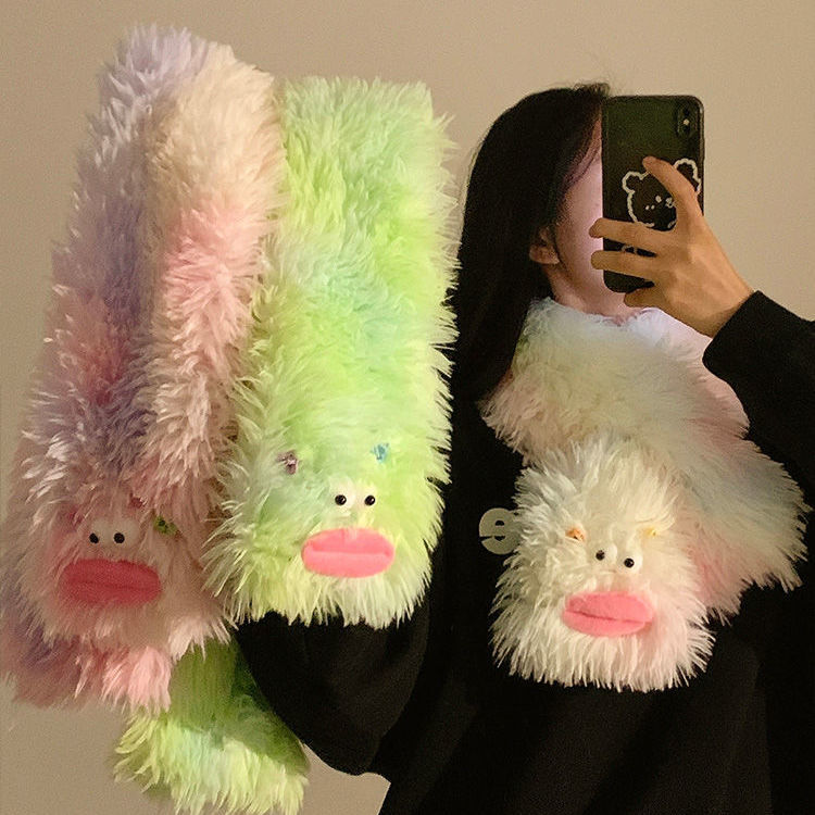 可爱搞怪丑萌毛绒围巾女冬季韩版毛茸茸保暖加厚护颈围脖新款学生