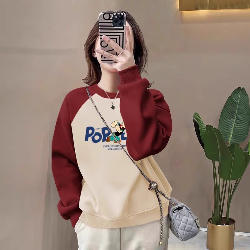 小个子爆款拼色圆领卫衣女宽松休闲时尚百搭插肩加绒加厚秋冬季潮