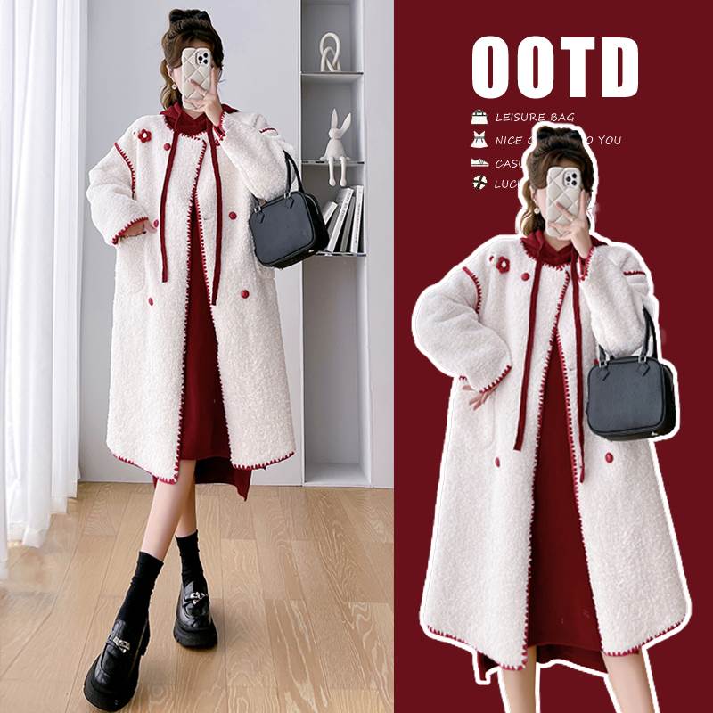 孕妇连衣裙外套羊羔绒套装时尚洋气时髦两件套2023秋冬新款外穿