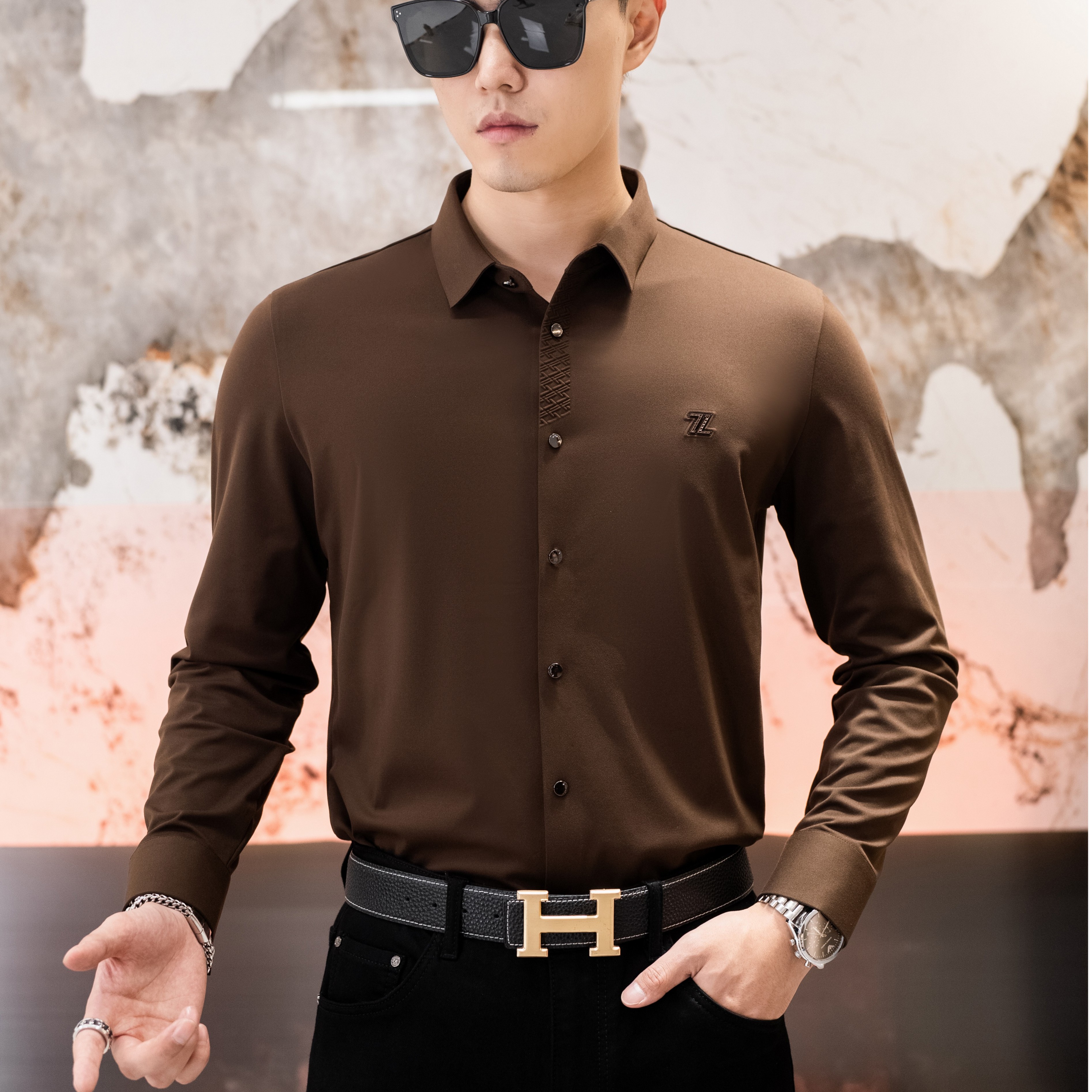 酷丝棉-男士秋季纯色百搭长效抑菌休闲长袖衬衫（23116）