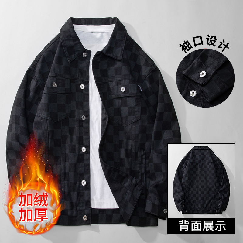 加绒加厚棋盘格牛仔外套男士保暖外套休闲男外套时尚百搭印花秋冬
