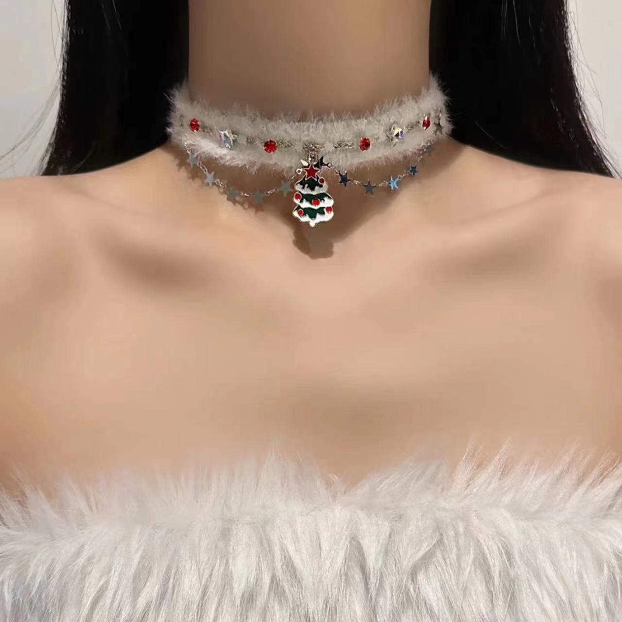 合金布艺项链 圣诞树毛绒星星choke项链女甜美小众设计感时尚气质