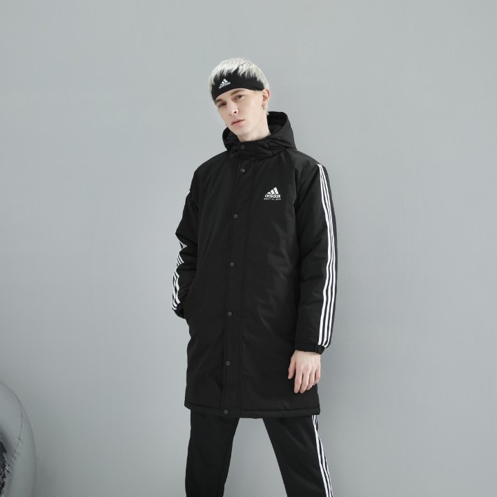 adidas/阿迪达斯秋冬黑色时尚防风连帽户外运动服保暖中长款棉服