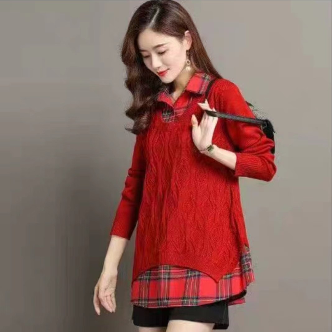 假两件套毛衣女士上衣宽松秋款衬衫针织打底衫MY1016