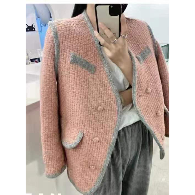 【可儿推荐】冬季新款网红时尚加厚高级口袋小香风气质拼色外套女