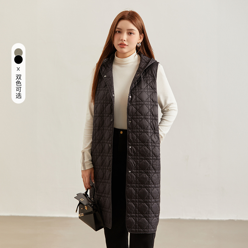 【连帽时尚】E纤莉秀大码女装胖mm双色女士休闲百搭长款马夹QI4936