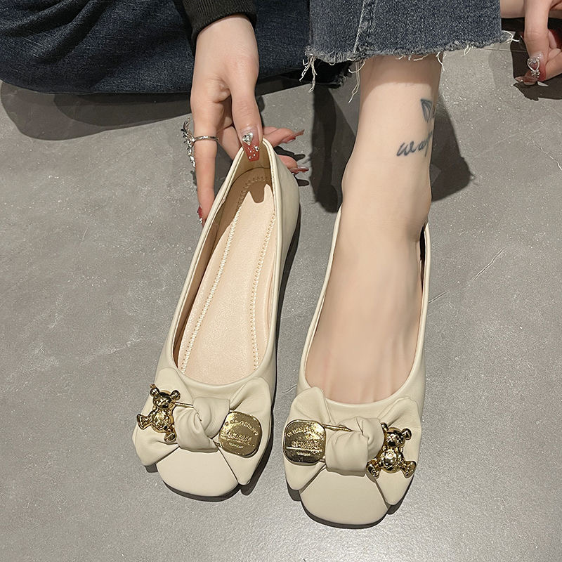 百丽纯爱软皮粗跟单鞋女新款夏季浅口平底女鞋百搭磨砂软面中跟皮