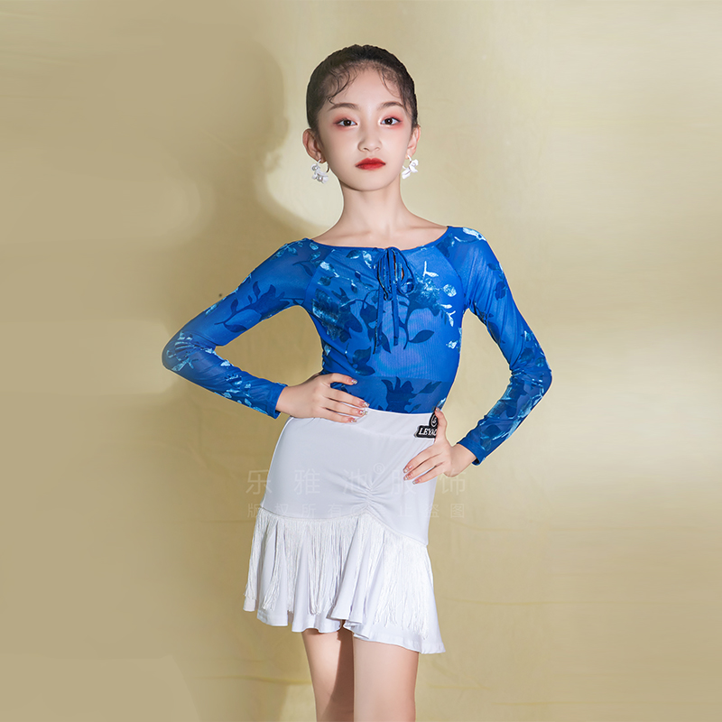 2022乐雅池秋冬新款拉丁舞练功服长袖女童舞服印花儿童套装服装蓝
