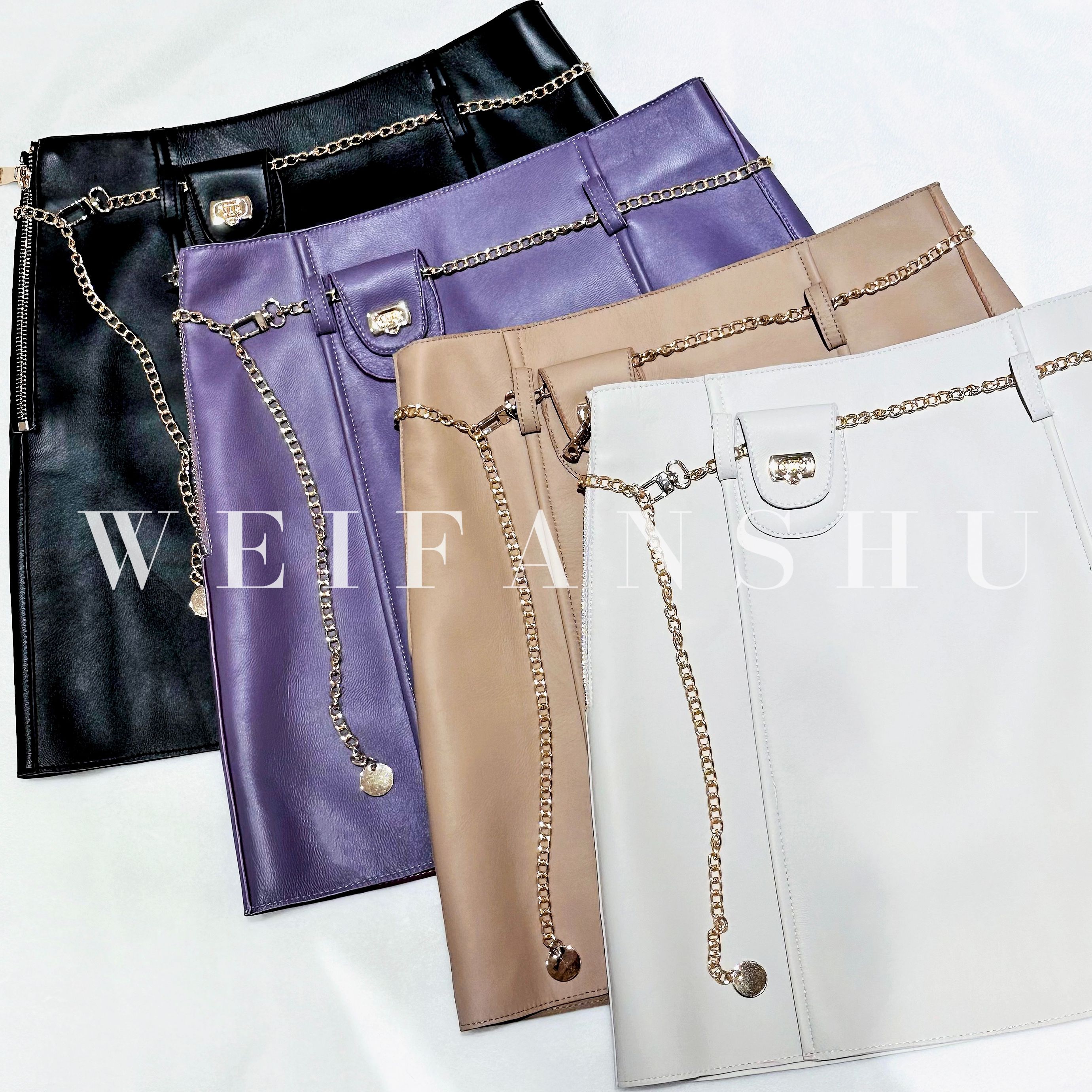 WEIFANSHU/魏凡舒【都市印象】羊皮半裙韩版设计感短款裙子轻奢女装