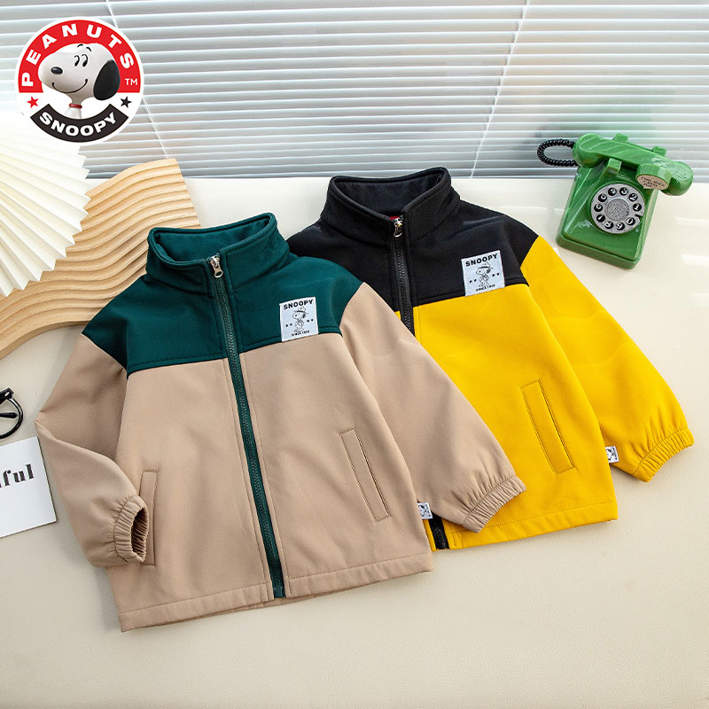史努比童装中小童秋冬保暖休闲拼接外套外穿加绒立领撞色男童上衣