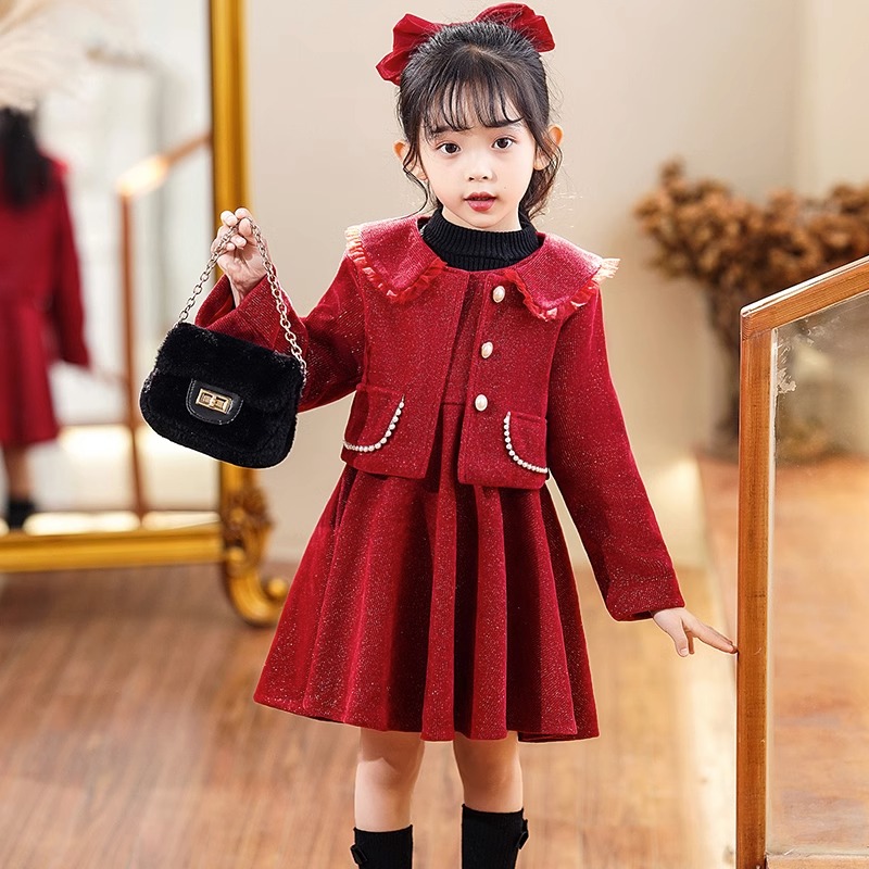 2023新款女童公主连衣裙加绒两件套装红粉色拜年服秋冬洋气可爱款