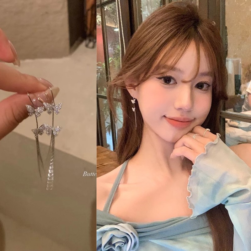 美出圈啦！双蝴蝶流苏耳钩设计感高级独特耳钉轻奢小众耳环耳饰女