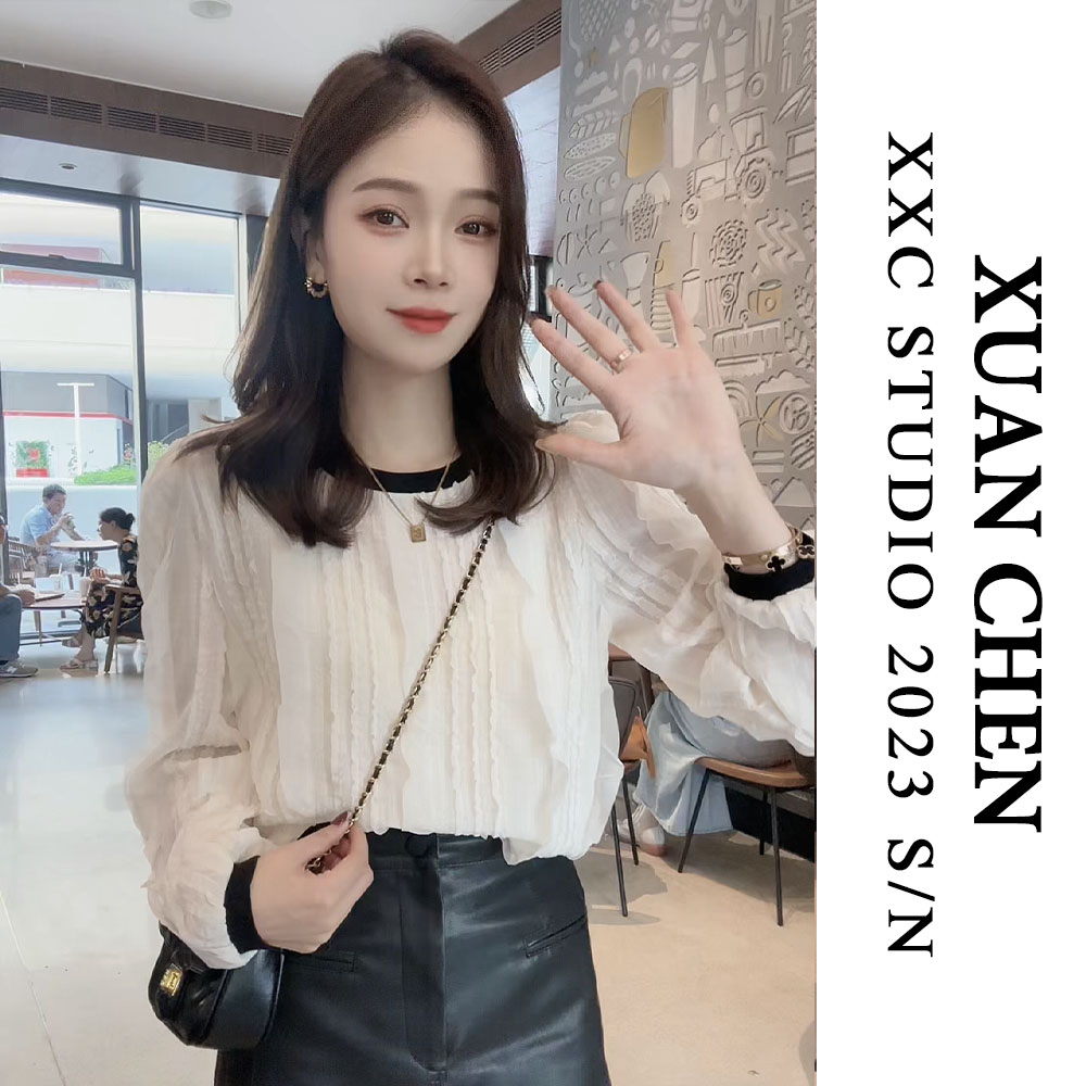 【半面妆】早秋新款高级感小众减龄气质甜美圆领长袖衬衫上衣#1809