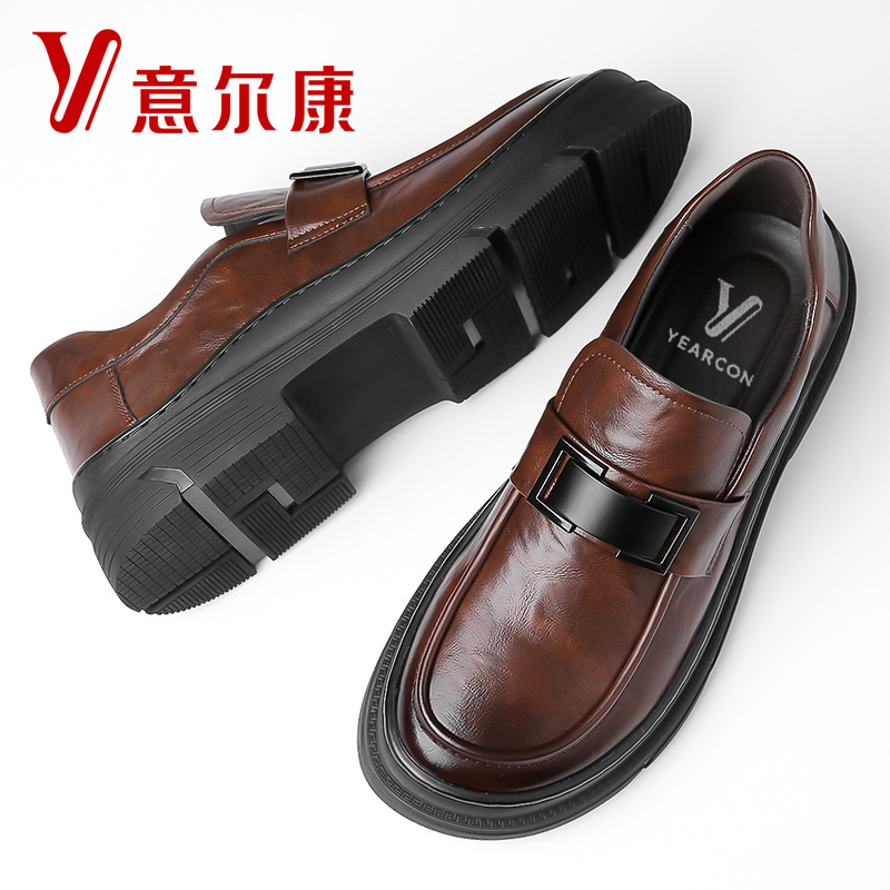 正品意尔康男鞋秋季真皮透气时尚休闲男皮鞋厚底防滑百搭乐福鞋